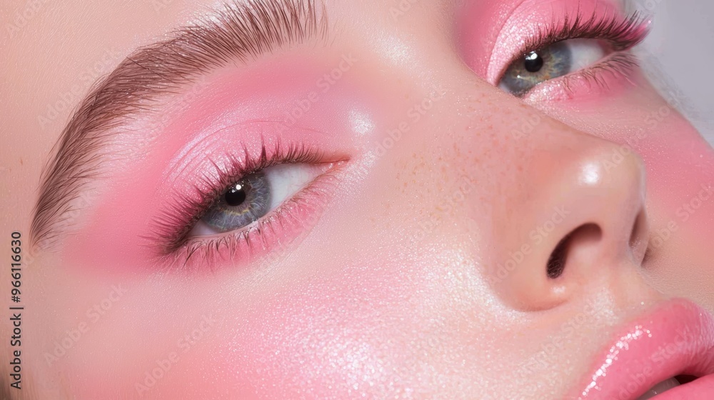 Fototapeta premium Describe how the balanced use of pink tones in the makeup look can inspire a monochromatic beauty routine that focuses on harmony and coordination