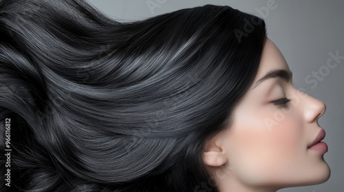 Describe how the deep, glossy black hair in the image can inspire a hair care routine focused on achieving volume, shine, and texture