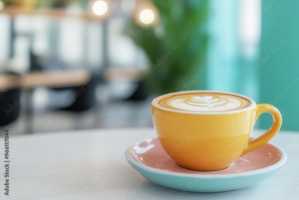 A vibrant yellow cup of frothy coffee with latte art on a table in a modern cafe setting. A vibrant yellow cup of frothy coffee with latte art on a table in a modern cafe setting.