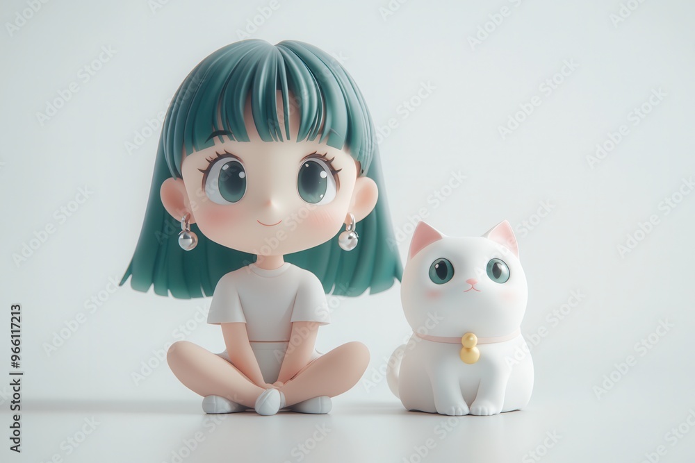Fototapeta premium A cute cartoon girl sits happily next to her adorable white cat, showcasing a playful and cheerful companionship in a whimsical style.