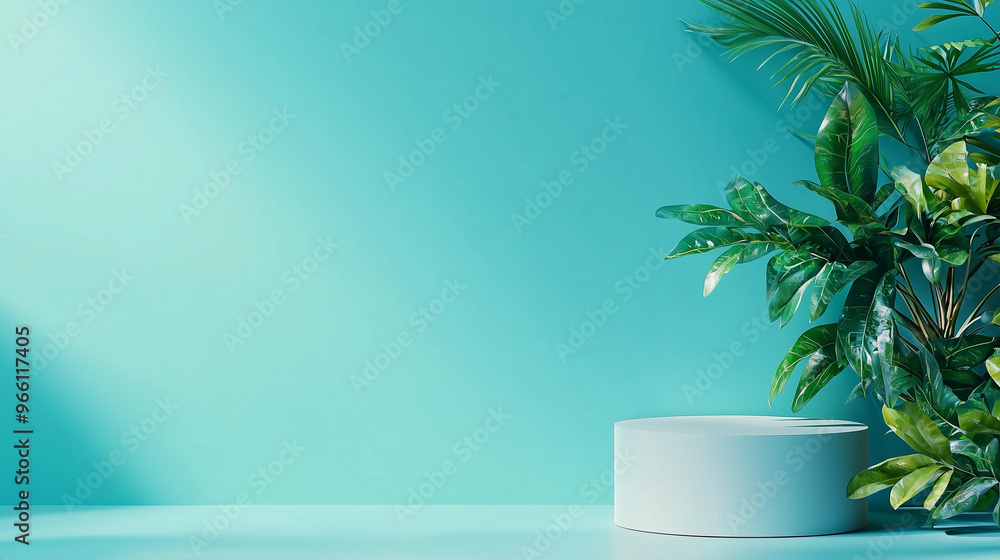 Tropical Leaves and White Podium for Product Display Tropical Leaves and White Podium for Product Display