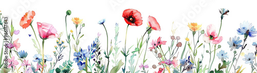 Watercolor Floral Border with Poppy Blue and Pink Flowers