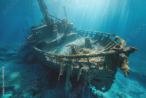 Underwater view of an old sunken ship on seabed with fish swimming