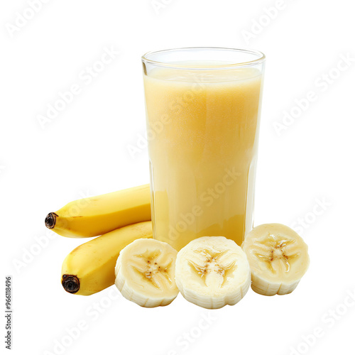 Glass of Banana Juice Isolated on Transparent Background - Fresh Tropical Drink, Healthy Beverage for Smoothie Recipes. Generative AI