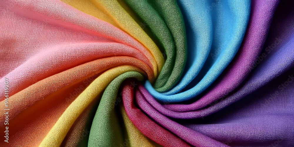 Rainbow Fabric Swirl: A captivating, abstract swirl of vibrant, rainbow-hued fabric, showcasing the beauty of color and texture. The soft, flowing lines create a sense of movement and energy. Rainbow Fabric Swirl: A captivating, abstract swirl of vibrant, rainbow-hued fabric, showcasing the beauty of color and texture. The soft, flowing lines create a sense of movement and energy.