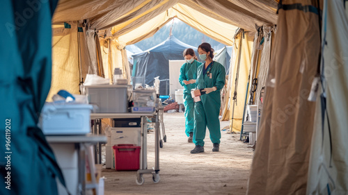 Group of healthcare workers working on tents