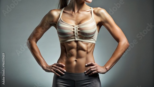 Close-up of a young adult woman's torso, showcasing her breastbone, ribcage, and abdominal muscles, with a subtle curve photo