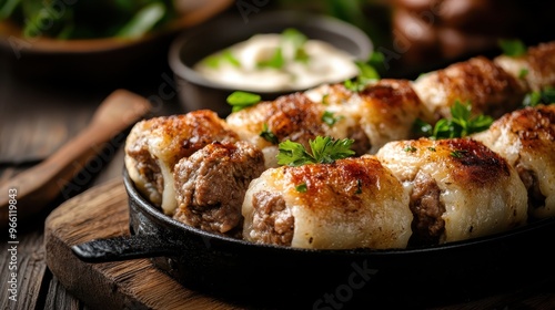 Savory grilled meat rolls garnished with fresh parsley on an iron skillet, showcasing a delicious combination of ground meat and spices, perfect for a hearty meal.