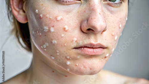 Close-up of fair skin with scattered tiny white bumps, resembling milk spots or idiopathic guttate hypomelanosis, photo