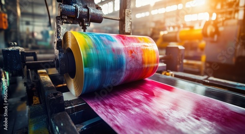 A colorful paper roll moving through the printing press, creating vibrant colors on its surface. The scene is set in an industrial print factory with sunlight  photo