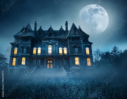 Eerie Haunted Mansion in Spooky Moonlit Night with Glowing Windows and Misty Atmosphere During Rainfall