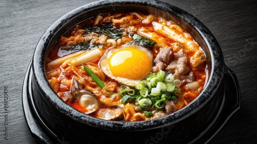 Sundubu Jjigae with Clams, Shrimp, and Vegetables. Korean food