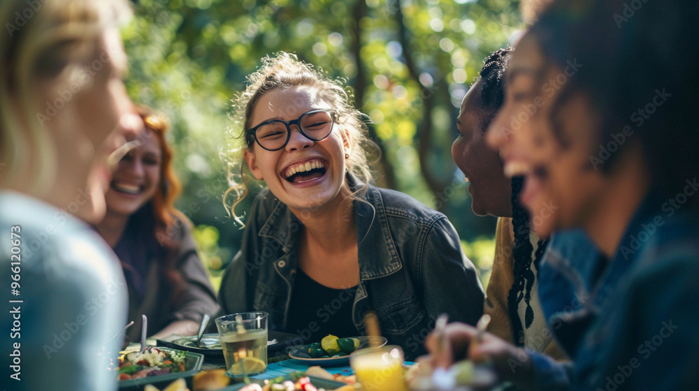 A group of friends laughing together at a picnic table in a park, surrounded by food and drinks. A group of friends laughing together at a picnic table in a park, surrounded by food and drinks.