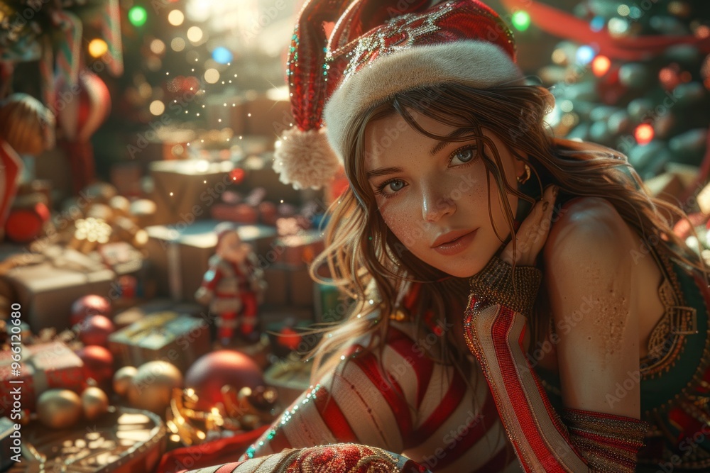 A charming young woman in an elf costume with striped tights and pointy shoes, joyfully wrapping gifts in Santa's workshop, surrounded by festive toys and Christmas decorations A charming young woman in an elf costume with striped tights and pointy shoes, joyfully wrapping gifts in Santa's workshop, surrounded by festive toys and Christmas decorations