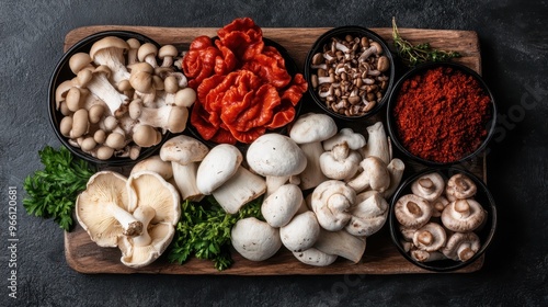 A similar selection of mushrooms as the first image, but enhanced with bowls of spices and herbs, creating a visually appealing culinary display with a touch of seasoning.