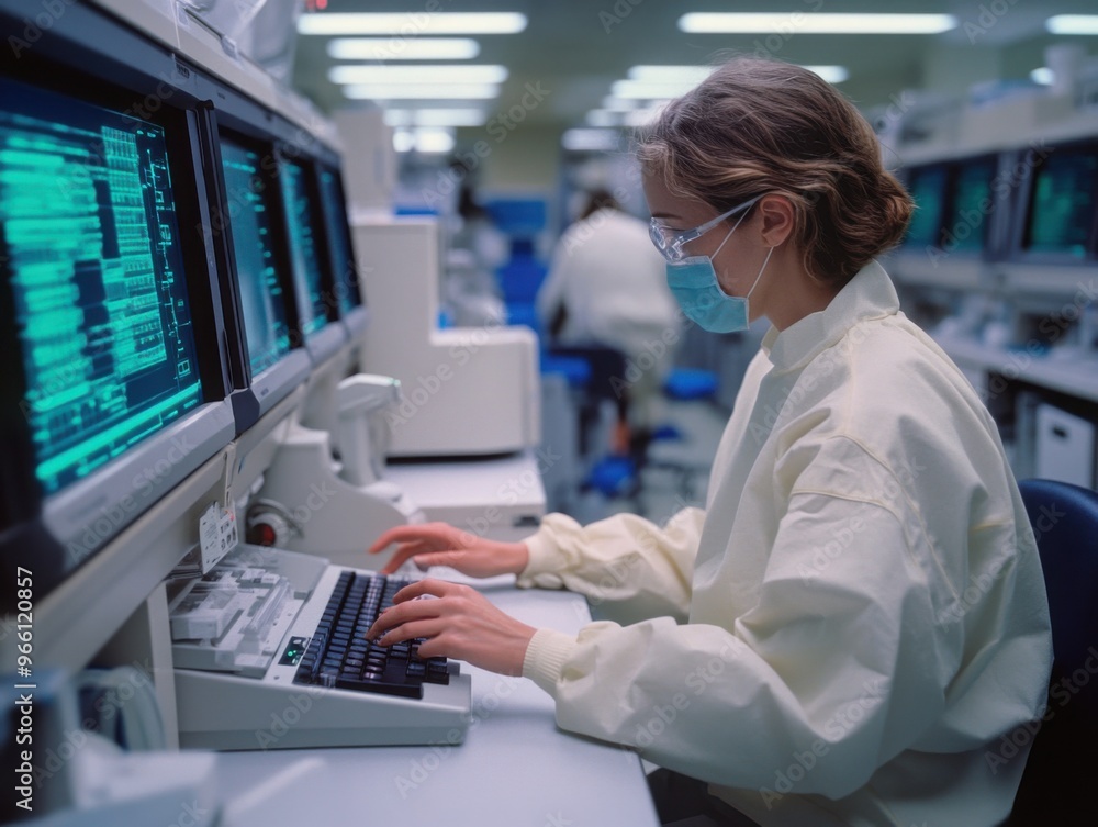 Scientist programming robotic equipment in a sterile lab for genetic engineering projects random add Scientist programming robotic equipment in a sterile lab for genetic engineering projects random add