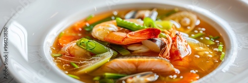 Hot Transparent Soup with Seafood in White Plate Isolated. Sour Spicy Bouillabaisse, Tom Yam, Miso photo