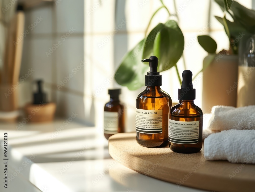 Elegant amber bottles with skincare products arranged on a wooden surface in a bright, modern bathroom setting. Elegant amber bottles with skincare products arranged on a wooden surface in a bright, modern bathroom setting.