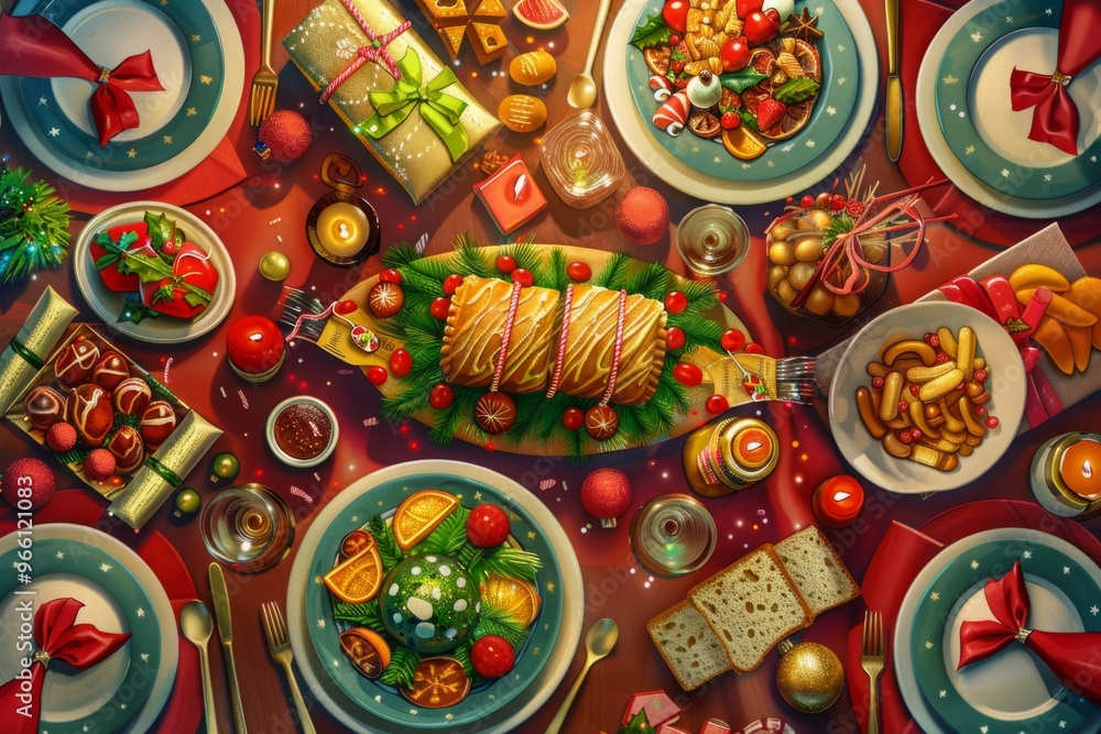 This illustration features a family Christmas dinner table set with colorful plates, Christmas crackers, and a variety of festive foods, centered around a joyful and vibrant centerpiece This illustration features a family Christmas dinner table set with colorful plates, Christmas crackers, and a variety of festive foods, centered around a joyful and vibrant centerpiece