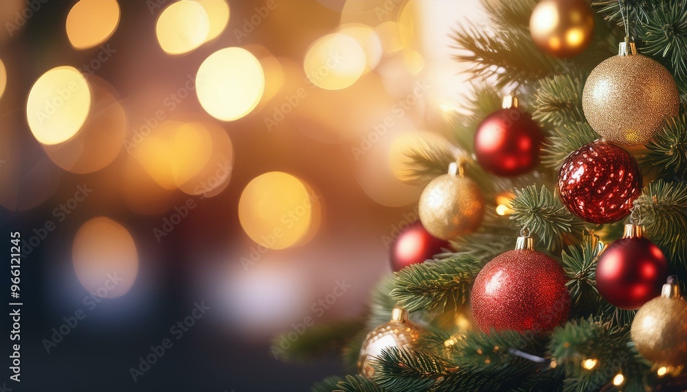Festive Christmas Tree with Red and Gold Baubles and Blurred Shiny Lights in Holiday Evening Ambiance for Seasonal Celebrations Festive Christmas Tree with Red and Gold Baubles and Blurred Shiny Lights in Holiday Evening Ambiance for Seasonal Celebrations