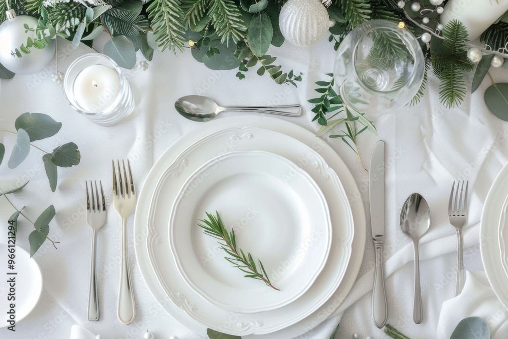 A modern Christmas dinner table setting features minimalistic decor with elegant white plates, silver cutlery, and fresh greenery accents, creating a chic A modern Christmas dinner table setting features minimalistic decor with elegant white plates, silver cutlery, and fresh greenery accents, creating a chic