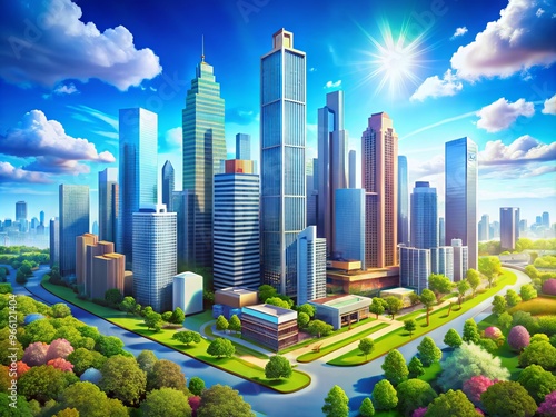 Colorful 3D illustration of a modern cityscape with sleek skyscrapers, bustling streets, and vibrant greenery, set #966121404