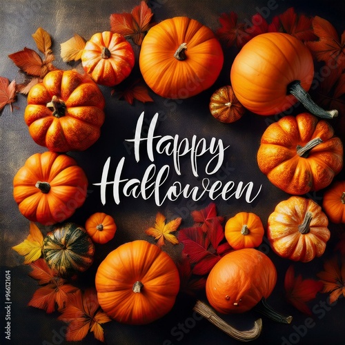 Festive Happy Halloween Message with Vibrant Orange Pumpkins on Dark Background, Celebrating Spooky Autumn Season with Decorative Elements and Fall Leaves, Inviting Harvest Holiday Spirit