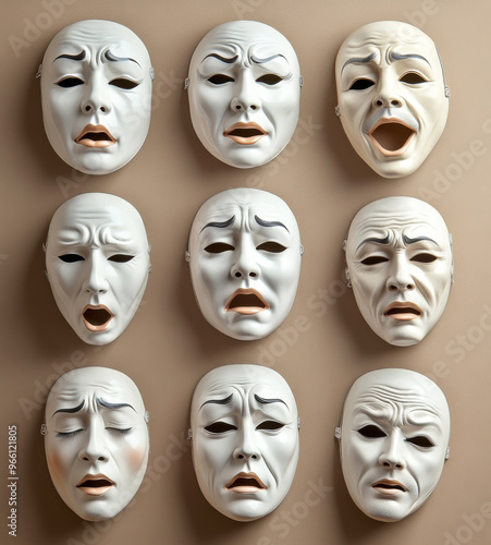 Dramatic White Masks Expressing a Range of Emotions on a Beige Background