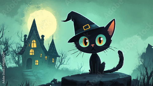 Katze Halloween Cat Spuk Schloss Comic Illustration Niedlich Cartoon Kater Poster Kindisch Vektor photo