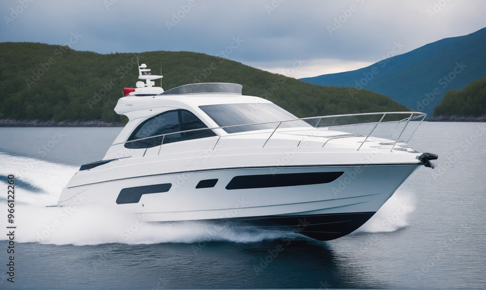 A white speedboat cruises through calm waters, leaving a trail of foam in its wake A white speedboat cruises through calm waters, leaving a trail of foam in its wake