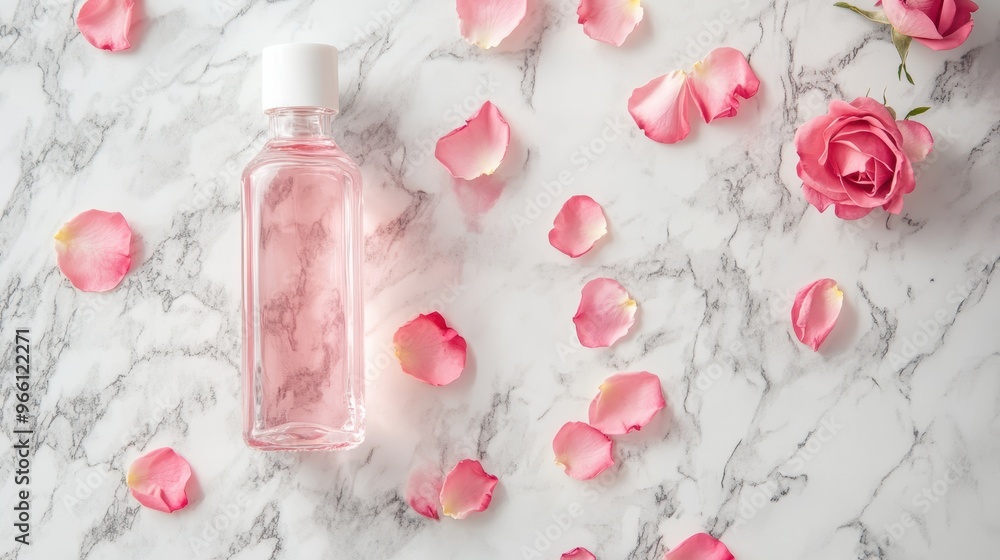 Elegant pink toner bottle surrounded by rose petals and flowers on a marble surface for beauty and skincare aesthetics. Elegant pink toner bottle surrounded by rose petals and flowers on a marble surface for beauty and skincare aesthetics.
