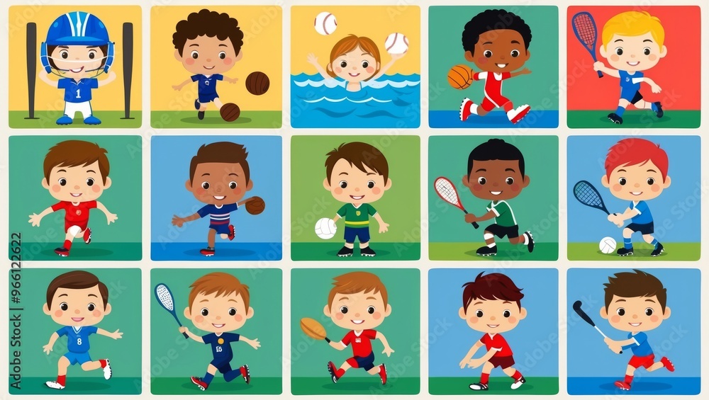 Cartoon children engaged in various sports activities Cartoon children engaged in various sports activities