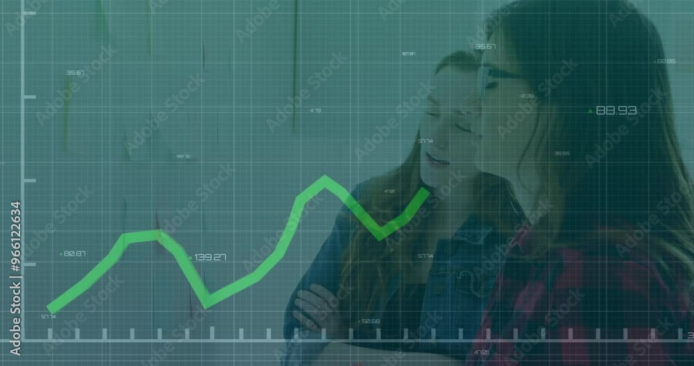 Animation of financial data processing over diverse business people in office Animation of financial data processing over diverse business people in office