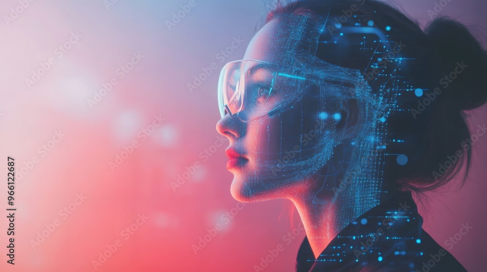 Woman wearing glasses with futuristic digital overlay in neon lighting. Woman wearing glasses with futuristic digital overlay in neon lighting.