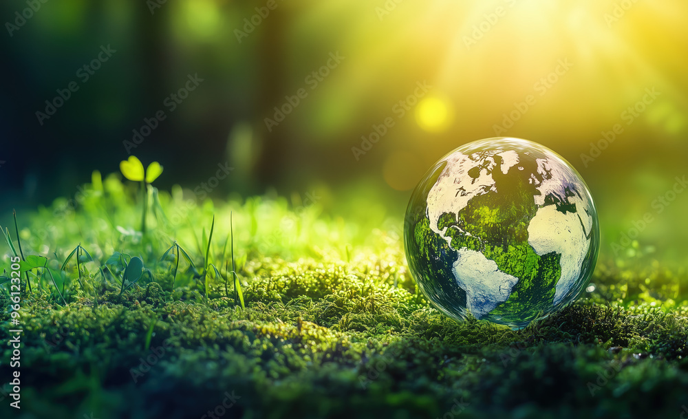 Concept Save the world save environment, Earth in a forest, green bokeh background Concept Save the world save environment, Earth in a forest, green bokeh background