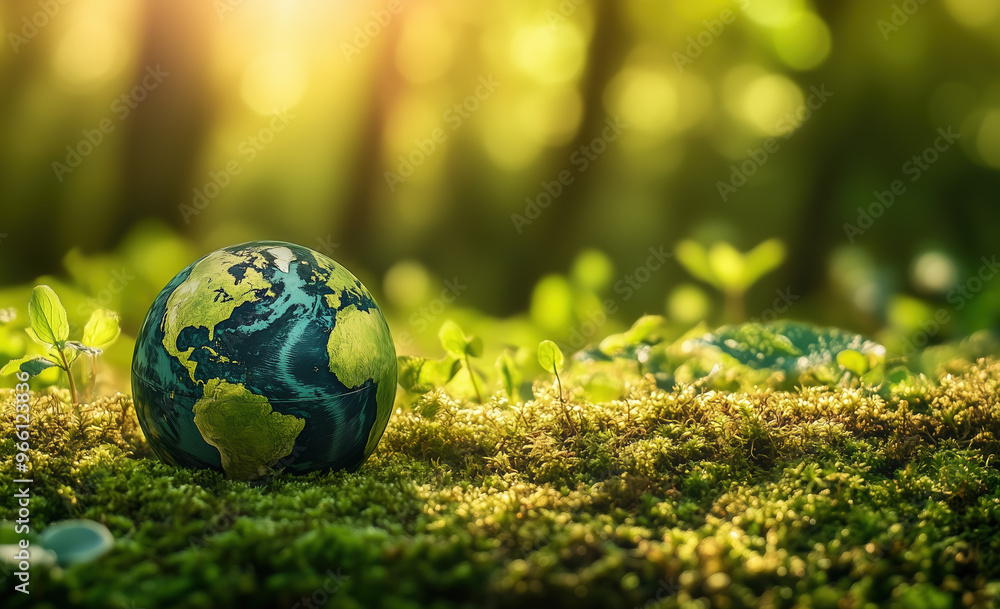 Concept Save the world save environment, Earth in a forest, green bokeh background Concept Save the world save environment, Earth in a forest, green bokeh background
