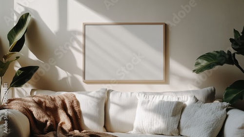 A contemporary minimalist living room featuring a comfortable sofa adorned with cushions and blanket, with an empty frame on the sunlit wall highlighting the serene ambiance. photo