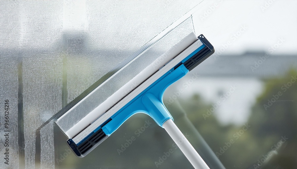 © TransPicHub - A blue squeegee cleaning a window, showcasing a streak-free shine and modern cleaning tools for home or commercial use.