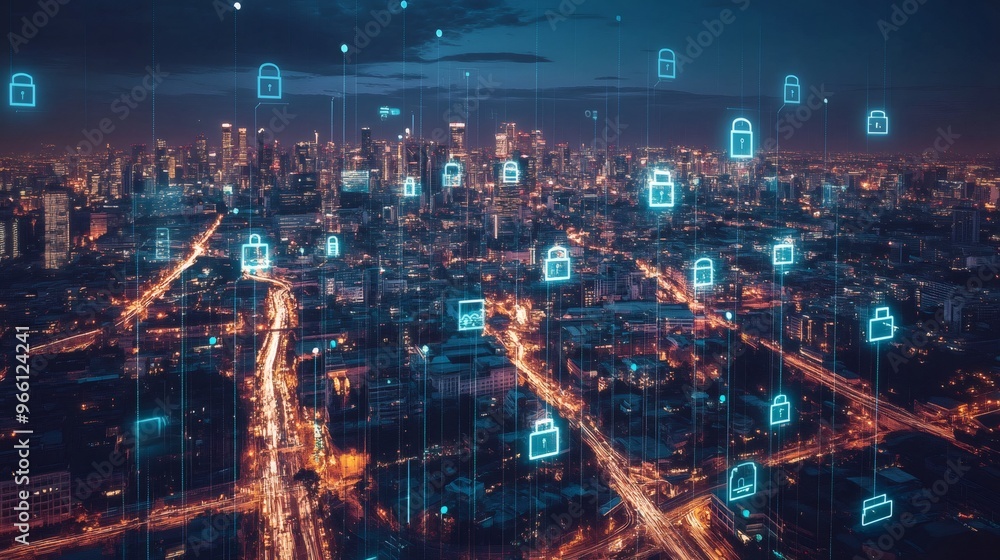 Cyber Security with Cityscape Background - Digital Lock Icons over Night City. Cyber Security with Cityscape Background - Digital Lock Icons over Night City.