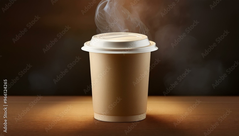 A steaming cup of coffee in a brown disposable cup, set against a warm, blurred background. Perfect for beverage-related themes. A steaming cup of coffee in a brown disposable cup, set against a warm, blurred background. Perfect for beverage-related themes.
