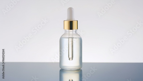 Elegant glass dropper bottle with clear serum against a minimalist background, perfect for cosmetic or skincare presentations.