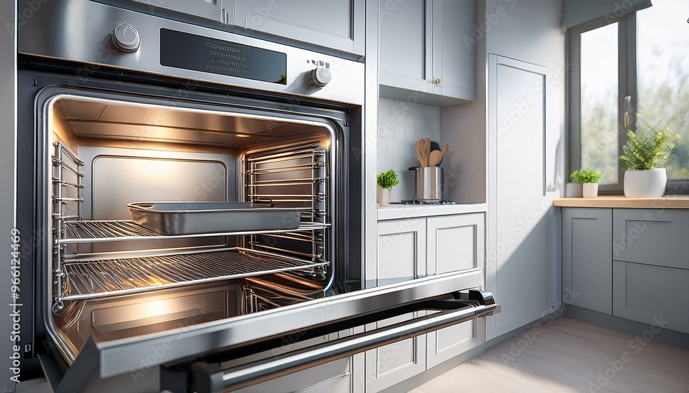 Modern kitchen with an open oven showcasing a baking tray. Stylish cabinetry and bright lighting create an inviting cooking space. Modern kitchen with an open oven showcasing a baking tray. Stylish cabinetry and bright lighting create an inviting cooking space.