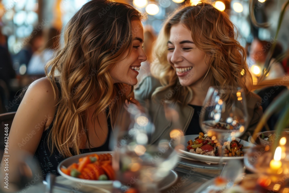 Two women enjoying a conversation over food in a restaurant, depicting friendship and shared moments. Two women enjoying a conversation over food in a restaurant, depicting friendship and shared moments.