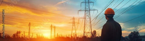 Electrical Engineer Inspecting Power Lines at Sunset