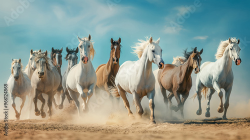 A herd of wild horses gallops through the desert. A horse runs through the sand, leaving behind a dust storm.