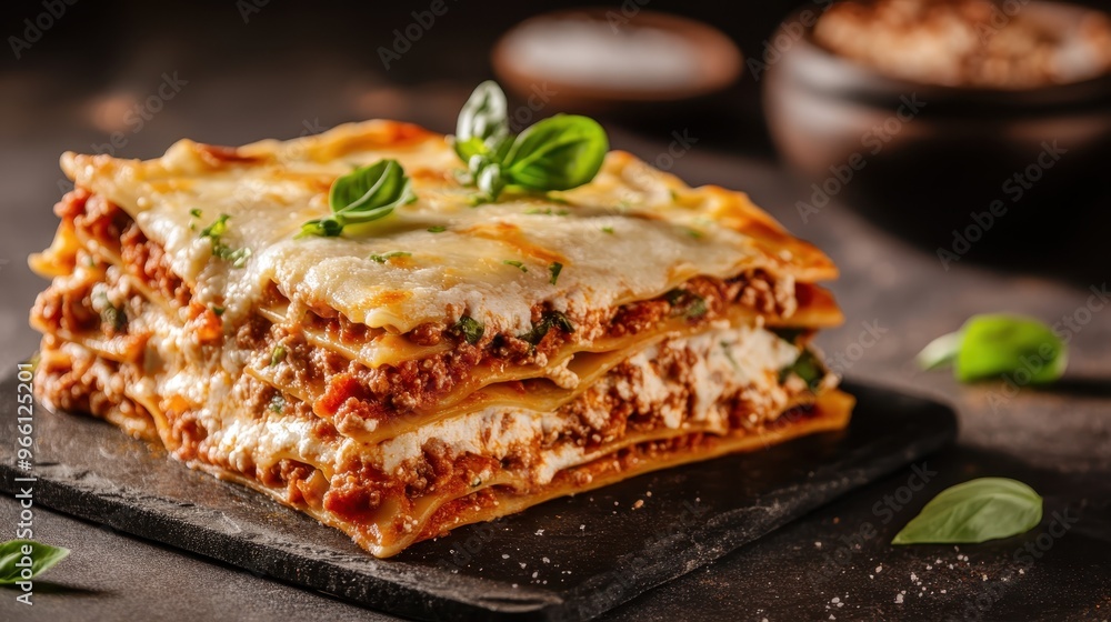 A hearty and rich lasagna slice showcasing layers of pasta, seasoned meat, savory tomato sauce, and melted cheese, garnished with fresh basil leaves, set on a rustic slate board. A hearty and rich lasagna slice showcasing layers of pasta, seasoned meat, savory tomato sauce, and melted cheese, garnished with fresh basil leaves, set on a rustic slate board.