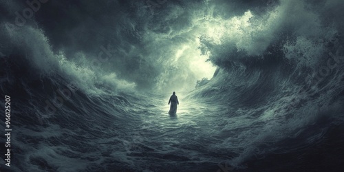 Fototapeta Naklejka Na Ścianę i Meble -  Abstract Jesus Walking on Stormy Sea: Miracle of Faith and Hope. Illuminated Religious Figure Amidst Turbulent Waves for Christian Cultural Marketing, 4K Wallpapers, and Inspirational Campaigns.