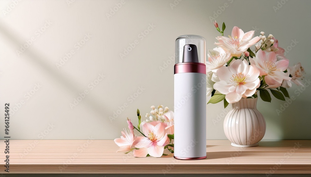 A stylish cosmetic bottle placed on a wooden table beside beautiful flowers in a soft, inviting setting. A stylish cosmetic bottle placed on a wooden table beside beautiful flowers in a soft, inviting setting.