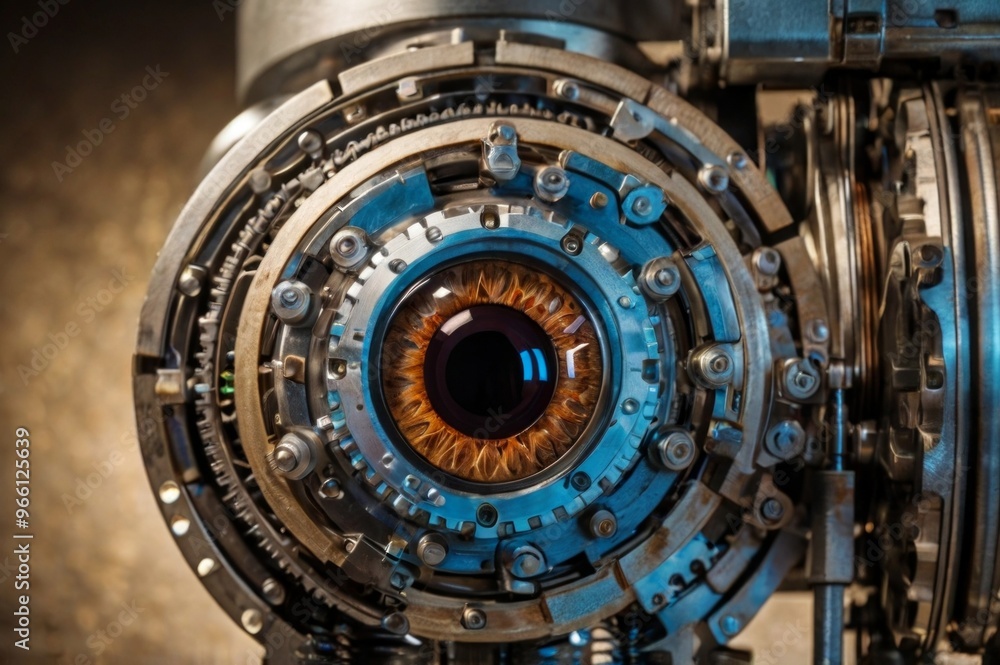Obraz premium 3D rendering of a machine eye with technology-related elements