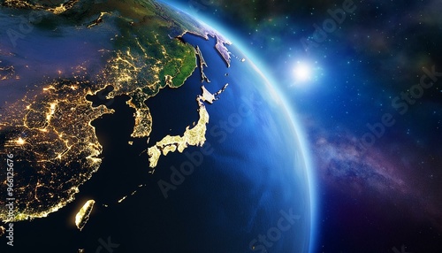 Photorealistic 3D Render of Earth from Space with Detailed View of Japan and Asia, Stars and Galaxies, Night Lights, Global Concept, High Resolution Planetary Image